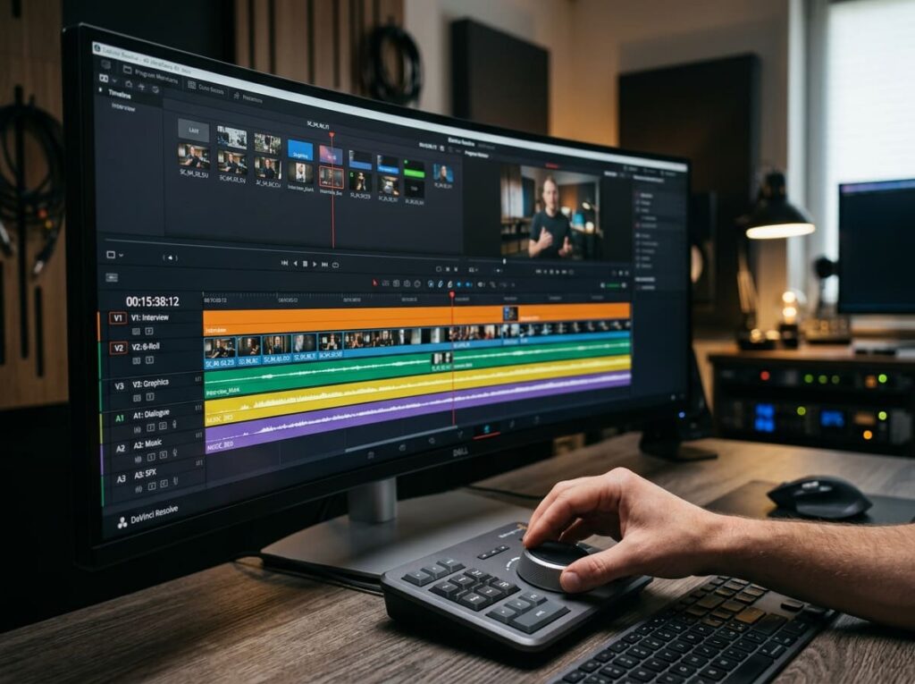 Profesjonalne stanowisko do montażu wideo z ultra-panoramicznym monitorem Dell wyświetlającym Davinci Resolve i dłonią na konsoli Blackmagic Speed Editor.