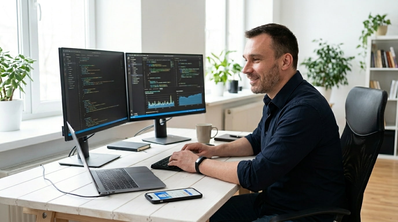 Piotr Rosin analizujący kod źródłowy i wykresy wydajności na dwóch monitorach przy jasnym biurku w biurze Rosin Digital w Łodzi.