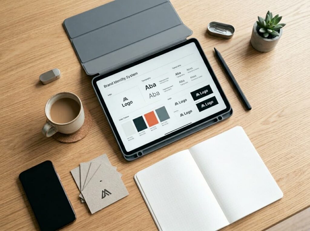 Uporządkowany flat-lay na drewnianym biurku, pokazujący tablet z wyświetlonym systemem identyfikacji marki (fonty, paleta barw, loga), telefon i notatnik.