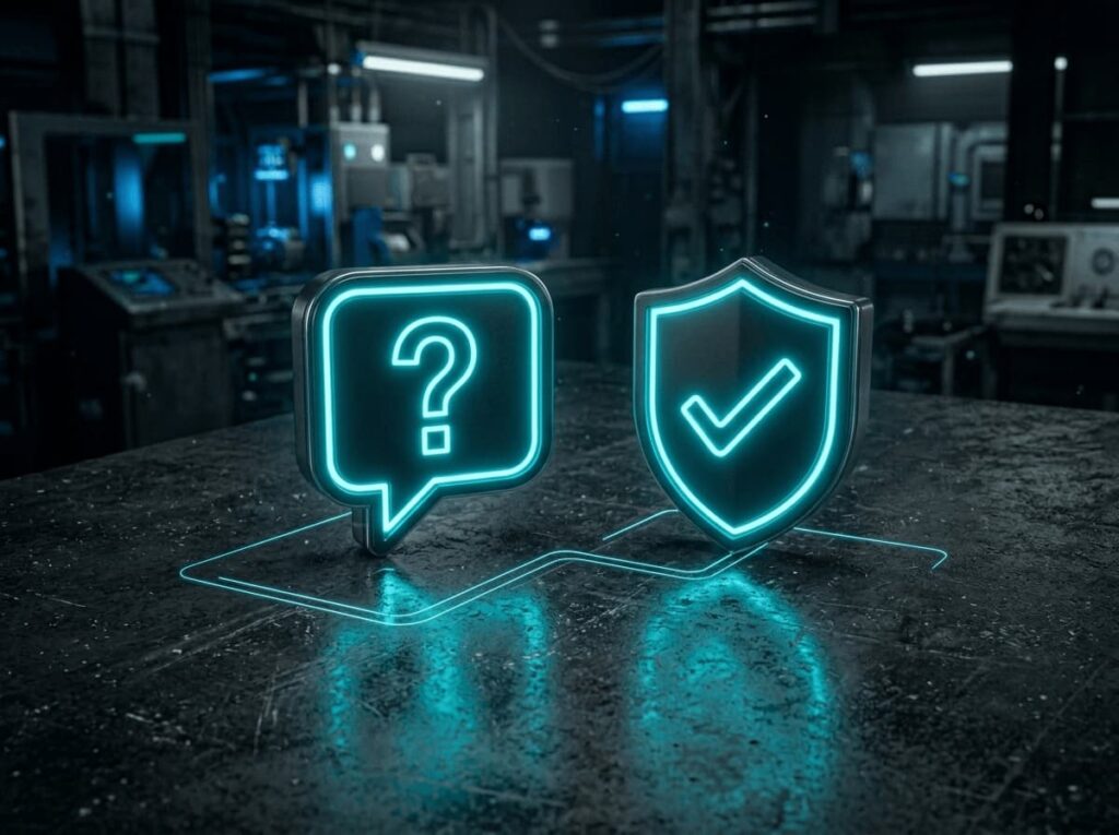 Dwa mroczne obiekty 3D z neonowym podświetleniem – chmurka dyskusyjna z pytajnikiem (FAQ) oraz tarcza ochronna ze znakiem weryfikacji, połączone jasnoniebieską linią.